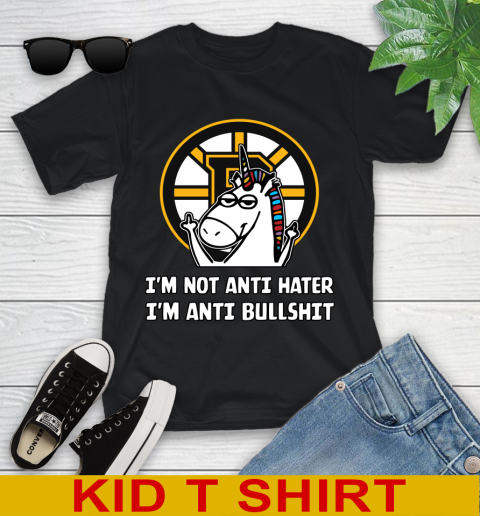 Boston Bruins NHL Hockey Unicorn I'm Not Anti Hater I'm Anti Bullshit Youth T-Shirt 2