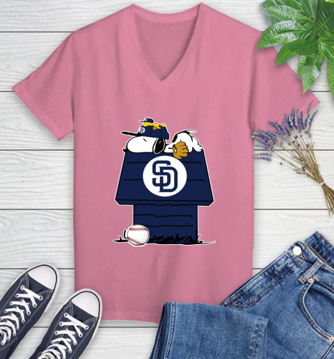 MLB San Diego Padres Snoopy Woodstock The Peanuts Movie Baseball T Shirt Women's V-Neck T-Shirt 13