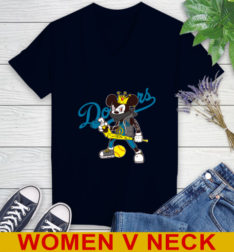 Los Angeles Dodgers MLB Baseball Mickey Peace Sign Sports Women's V-Neck T-Shirt 3