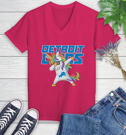 Detroit Lions NFL Football Funny Unicorn Dabbing Sports Women's V-Neck T-Shirt 9