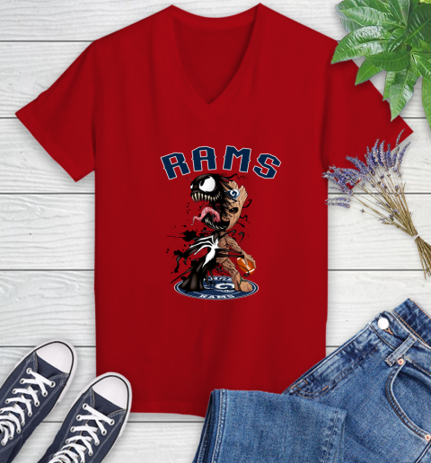 NFL Los Angeles Rams Football Venom Groot Guardians Of The Galaxy Women's V-Neck T-Shirt 12