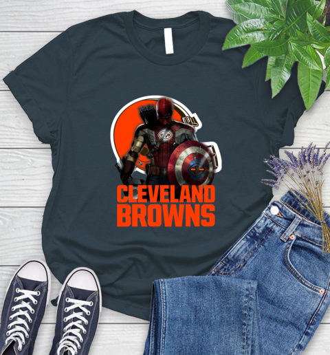 NFL Captain America Thor Spider Man Hawkeye Avengers Endgame Football Cleveland Browns Women's T-Shirt 8