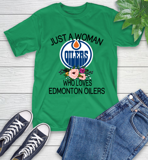 NHL Just A Woman Who Loves Edmonton Oilers Hockey Sports T-Shirt 5