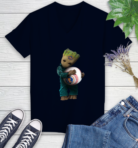 MLB Groot Guardians Of The Galaxy Baseball Sports New York Mets Women's V-Neck T-Shirt 3