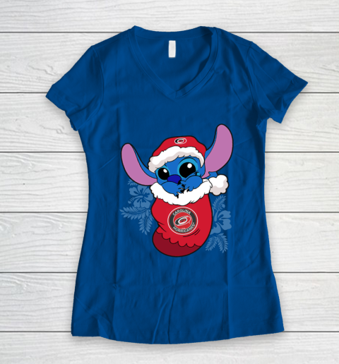 Carolina Hurricanes Christmas Stitch In The Sock Funny Disney NHL Women's V-Neck T-Shirt 9