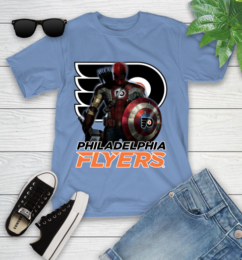 NHL Captain America Thor Spider Man Hawkeye Avengers Endgame Hockey Philadelphia Flyers Youth T-Shirt 11