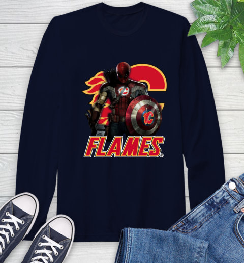 NHL Captain America Thor Spider Man Hawkeye Avengers Endgame Hockey Calgary Flames Long Sleeve T-Shirt 4