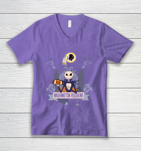 NFL Washington Redskins Football Jack Skellington Halloween V-Neck T-Shirt 8