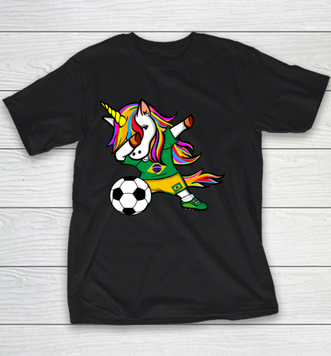 Funny Dabbing Unicorn Brazil Football Brazilian Flag Soccer Youth T-Shirt