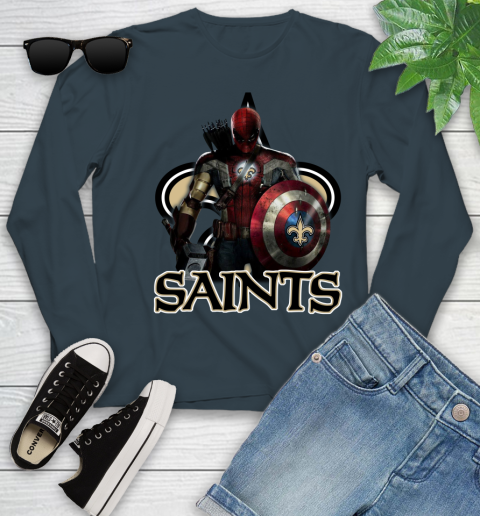 NFL Captain America Thor Spider Man Hawkeye Avengers Endgame Football New Orleans Saints Youth Long Sleeve 8