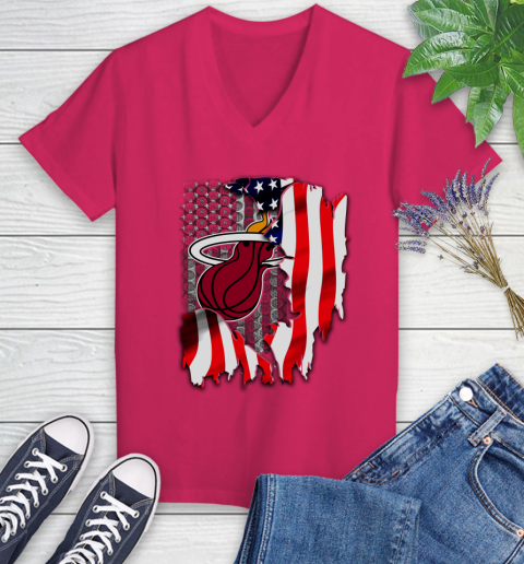 Miami Heat NBA Basketball American Flag Women's V-Neck T-Shirt 9