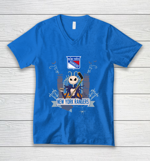 NHL New York Rangers Hockey Jack Skellington Halloween V-Neck T-Shirt 5