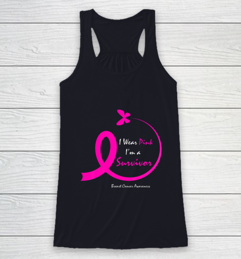 Womens Butterfly I Wear Pink I m A Survivor Breast Cancer Awareness Racerback Tank 7