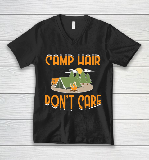 Camping Gift Camp Hair Don't Care Funny Happy Camper V-Neck T-Shirt