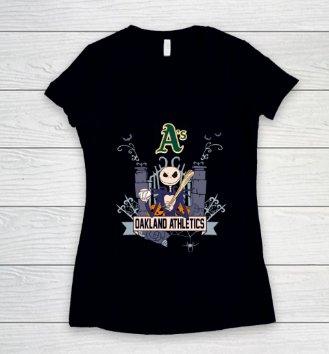 MLB Oakland Athletics Baseball Jack Skellington Halloween Women's V-Neck T-Shirt