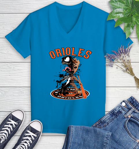 MLB Baltimore Orioles Baseball Venom Groot Guardians Of The Galaxy Women's V-Neck T-Shirt 7