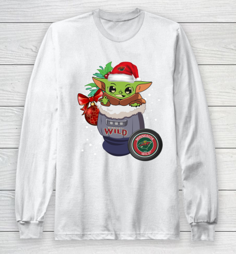 Minnesota Wild Christmas Baby Yoda Star Wars Funny Happy NHL Long Sleeve T-Shirt 2