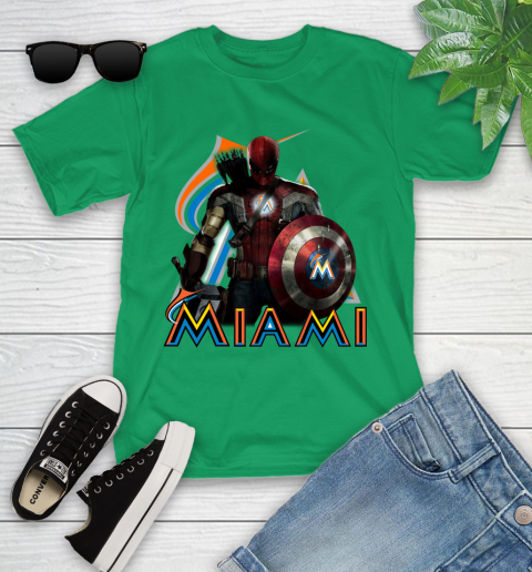 MLB Captain America Thor Spider Man Hawkeye Avengers Endgame Baseball Miami Marlins Youth T-Shirt 6