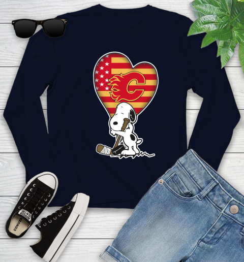 Calgary Flames NHL Hockey The Peanuts Movie Adorable Snoopy Youth Long Sleeve 3