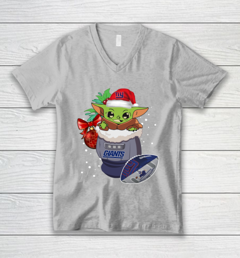 New York Giants Christmas Baby Yoda Star Wars Funny Happy NFL V-Neck T-Shirt 4