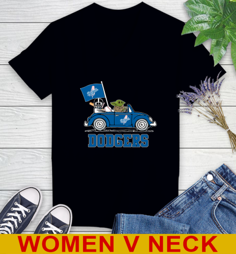 MLB Baseball Los Angeles Dodgers Darth Vader Baby Yoda Driving Star Wars Shirt Women's V-Neck T-Shirt 2