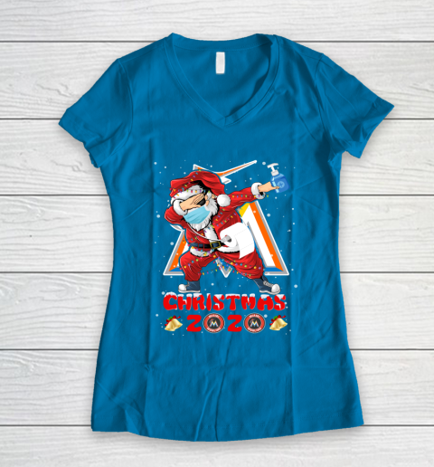 Miami Marlins Funny Santa Claus Dabbing Christmas 2020 MLB Women's V-Neck T-Shirt 5