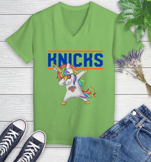 New York Knicks NBA Basketball Funny Unicorn Dabbing Sports Women's V-Neck T-Shirt 11