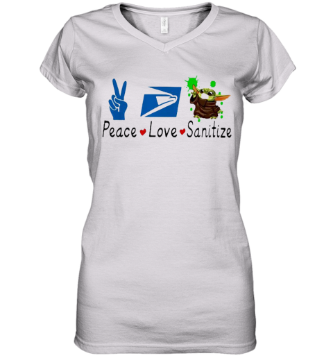 Baby Yoda Peace Love Sanitize United States Postal Service Women's V-Neck T-Shirt