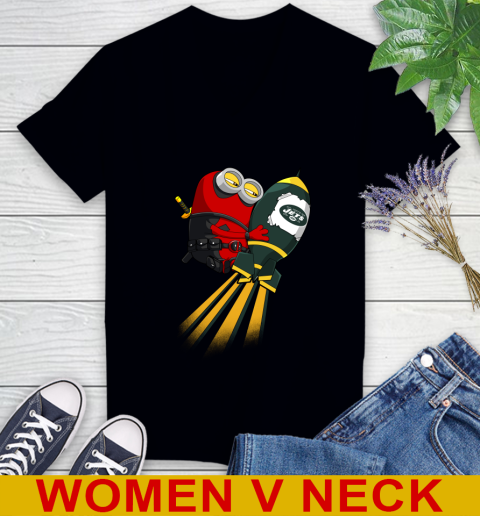 NFL Football New York Jets Deadpool Minion Marvel Shirt Women's V-Neck T-Shirt