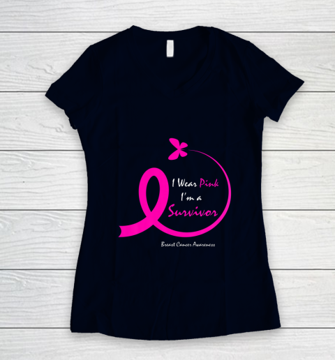 Womens Butterfly I Wear Pink I m A Survivor Breast Cancer Awareness Women's V-Neck T-Shirt 2