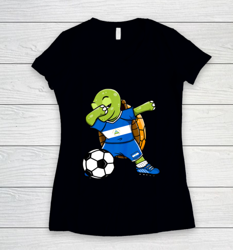 Dabbing Turtle Nicaragua Soccer Fans Jersey Flag Football Women's V-Neck T-Shirt