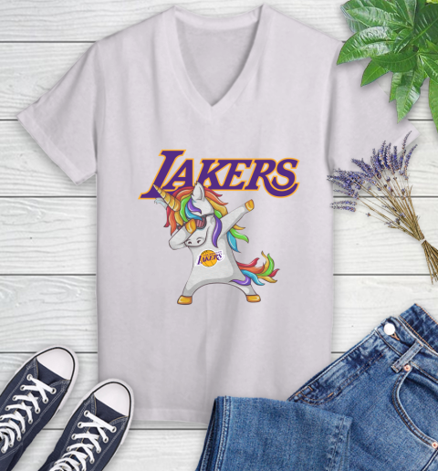 Los Angeles Lakers NBA Basketball Funny Unicorn Dabbing Sports Women's V-Neck T-Shirt