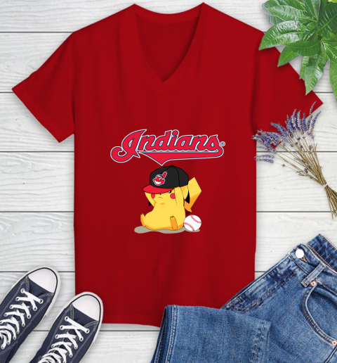 MLB Pikachu Baseball Sports Cleveland Indians Women's V-Neck T-Shirt 12