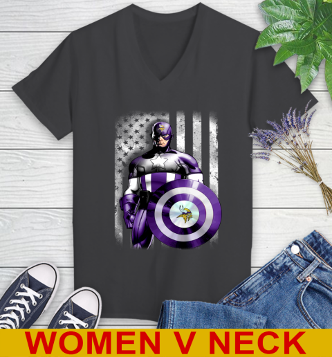 Minnesota Vikings NFL Football Captain America Marvel Avengers American Flag Shirt Women's V-Neck T-Shirt 8
