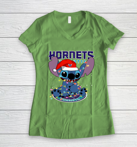 Charlotte Hornets NBA noel stitch Basketball Christmas Women's V-Neck T-Shirt 5