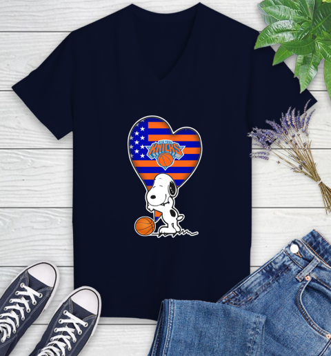 New York Knicks NBA Basketball The Peanuts Movie Adorable Snoopy Women's V-Neck T-Shirt 3