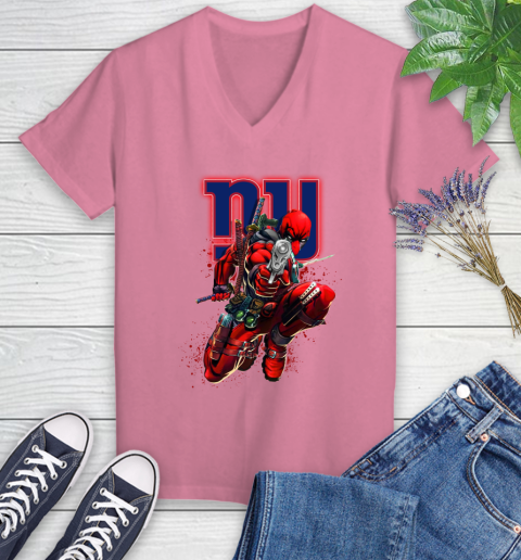 NFL Deadpool Marvel Comics Sports Football New York Giants Women's V-Neck T-Shirt 13