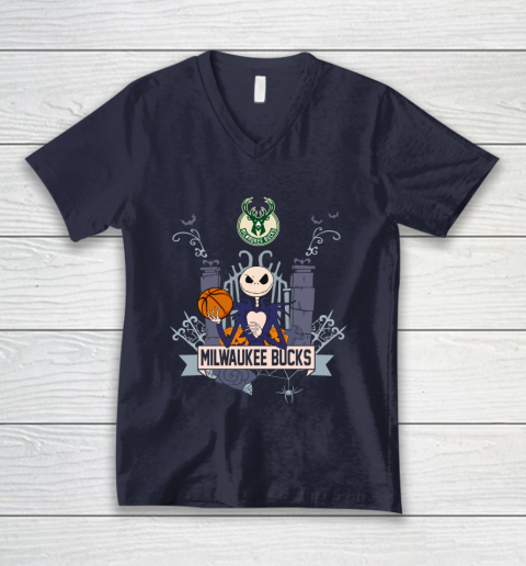 NBA Milwaukee Bucks Basketball Jack Skellington Halloween V-Neck T-Shirt 2