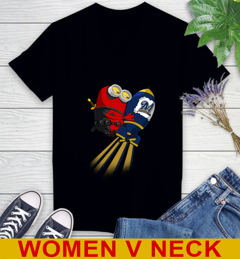 MLB Baseball Milwaukee Brewers Deadpool Minion Marvel Shirt Women's V-Neck T-Shirt