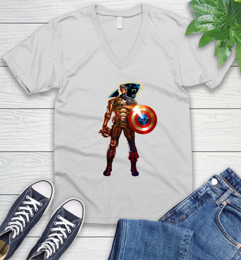 NFL Captain America Marvel Avengers Endgame Football Sports Carolina Panthers V-Neck T-Shirt