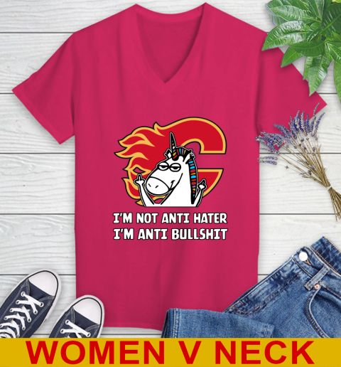Calgary Flames NHL Hockey Unicorn I'm Not Anti Hater I'm Anti Bullshit Women's V-Neck T-Shirt 10
