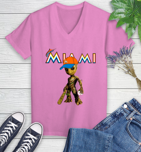 MLB Miami Marlins Groot Guardians Of The Galaxy Baseball Women's V-Neck T-Shirt 14