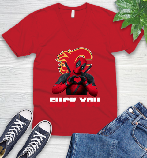 NHL Calgary Flames Deadpool Love You Fuck You Hockey Sports V-Neck T-Shirt 6