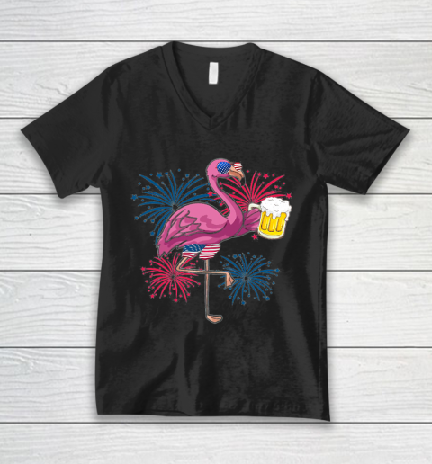 Beer Lover Funny Shirt Flamingo Cheer Beer American Flag Fireworks Independence Day V-Neck T-Shirt