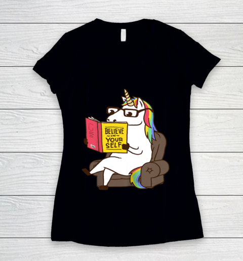 Unicorn Shirt Believe in Yourself Motivational Book Lover Women's V-Neck T-Shirt