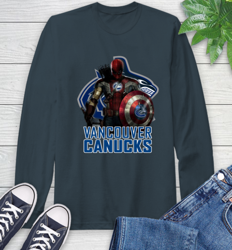 NHL Captain America Thor Spider Man Hawkeye Avengers Endgame Hockey Vancouver Canucks Long Sleeve T-Shirt 8