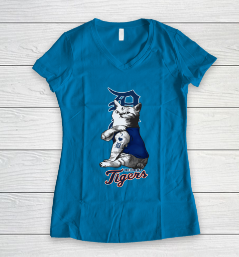 MLB Baseball My Cat Loves Detroit Tigers Women's V-Neck T-Shirt 5