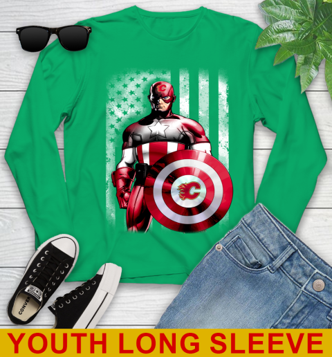 Calgary Flames NHL Hockey Captain America Marvel Avengers American Flag Shirt Youth Long Sleeve 7
