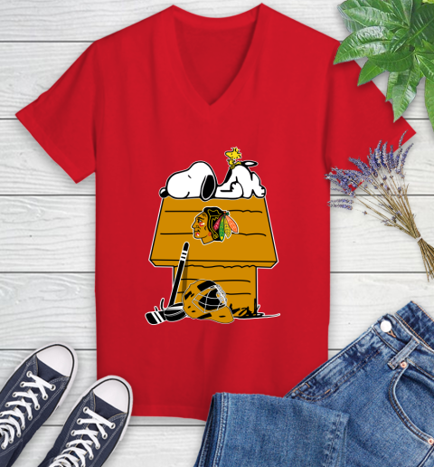 Chicago Blackhawks NHL Hockey Snoopy Woodstock The Peanuts Movie Women's V-Neck T-Shirt 12