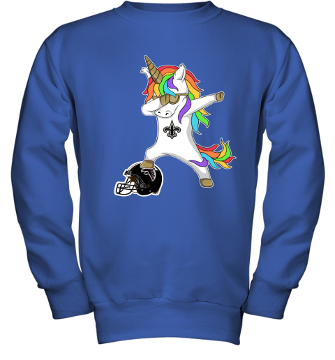 3agv football dabbing unicorn steps on helmet new orleans saints youth sweatshirt 47 front royal